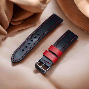 AVE Handmade Full Grain Leather Watch Strap - Obsidian Black & Crimson Red