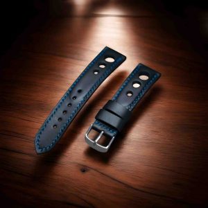 AVE Handmade Full Grain Leather Rally Watch Strap - Obsidian Black & Electric Blue