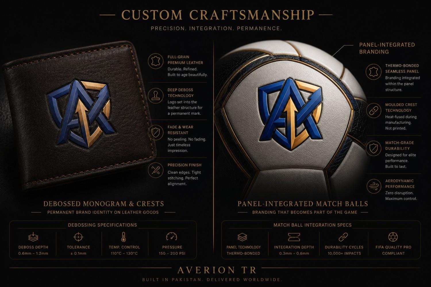 Custom Branding Options - Debossed Leather Monograms and Panel-Integrated Match Ball Crests
